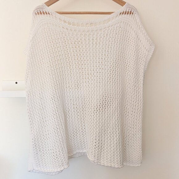 Eileen Fisher 100% Organic Cotton Sweater Vest Top White Open Knit L/XL Boxy - Picture 3 of 5